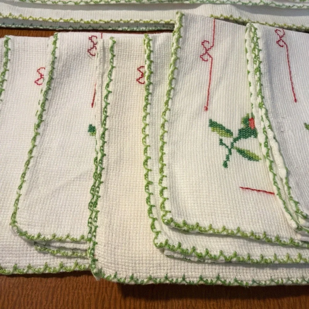 Vintage Set 6 Placemats‎ & Napkins Cross Stitch Pink Rose Handmade Never Used